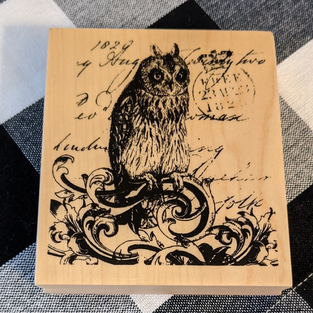 Spooky Collage Wood Mounted Rubber Stamp Halloween Owl Oldtime Script